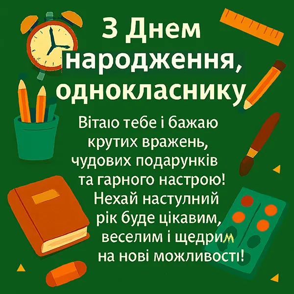 Привітання з Днем Народження однокласнику - цікава листівка (№35)