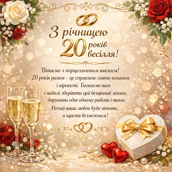 Святкова картинка-привітання з річницею весілля 20 років (№32)